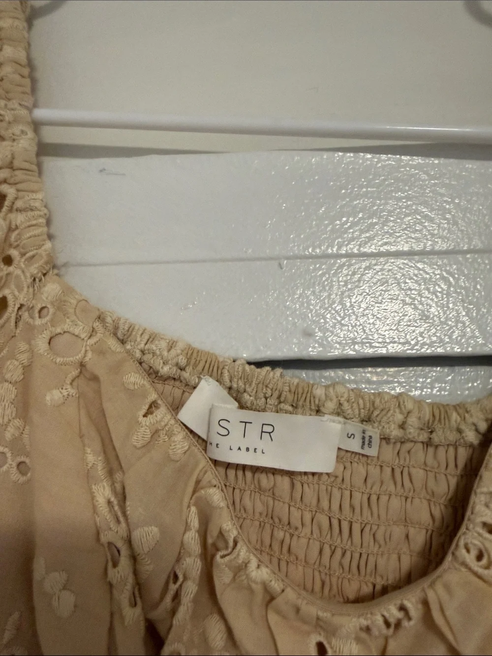 Astr Beige Eyelet Puff-Sleeve Square Neck Top